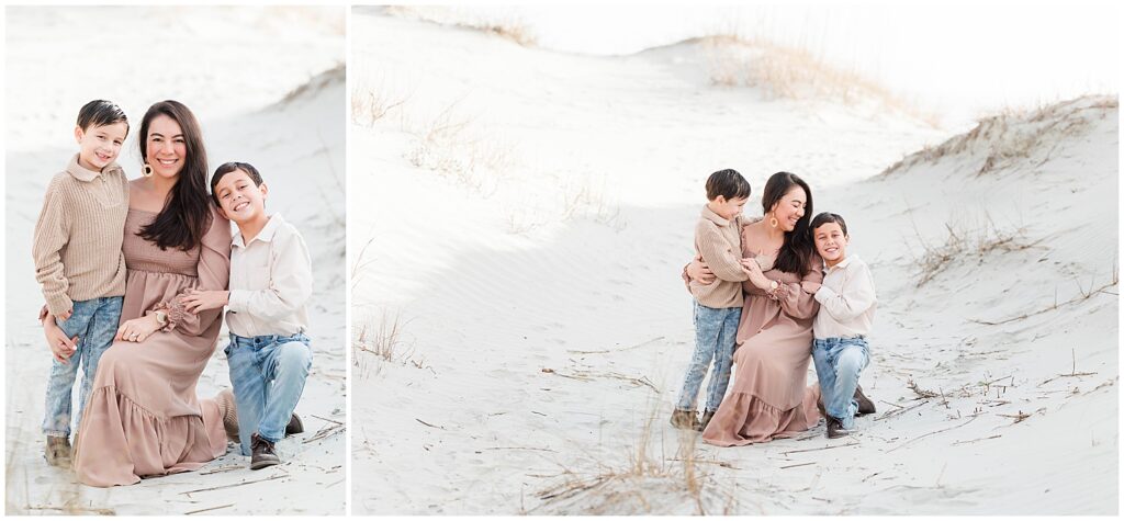 Mom and her two boys posing on beach for family photos. 