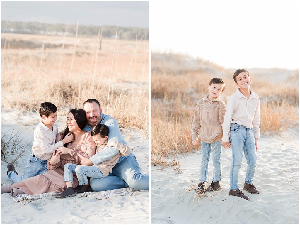 Family of four on beach in winter for family photos.