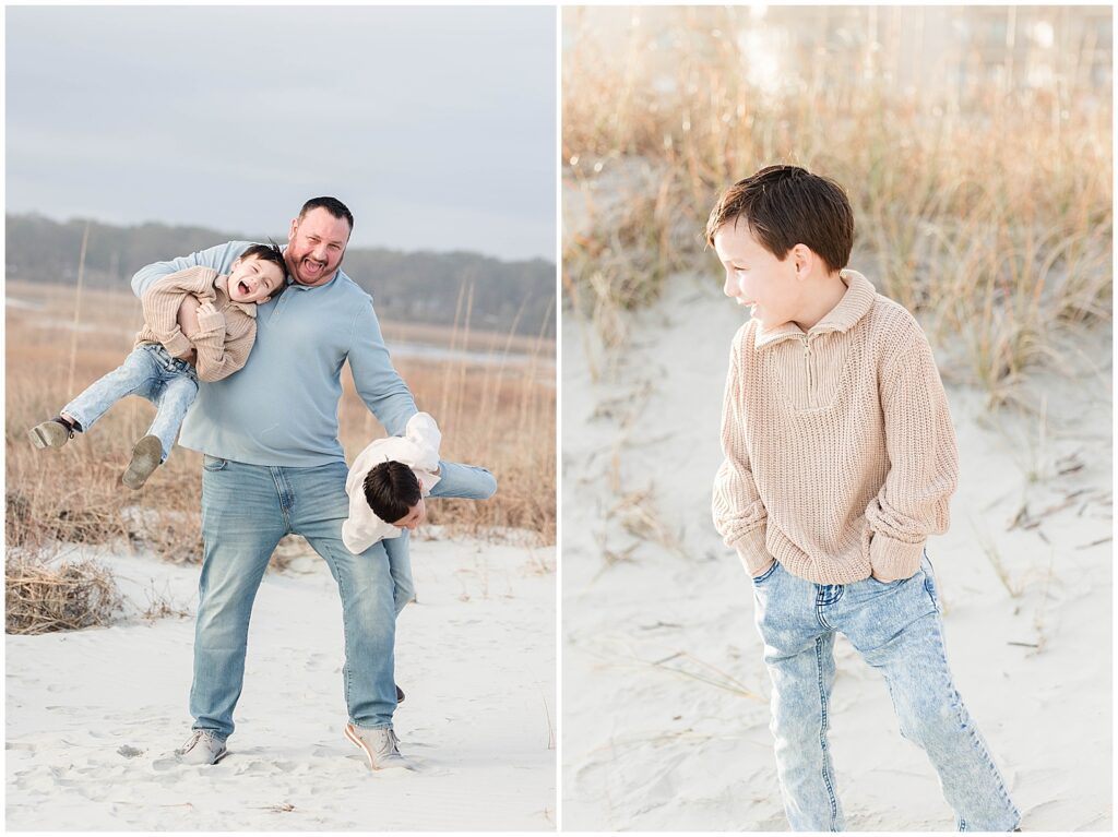 Dad having fun with boys on beach for family photography