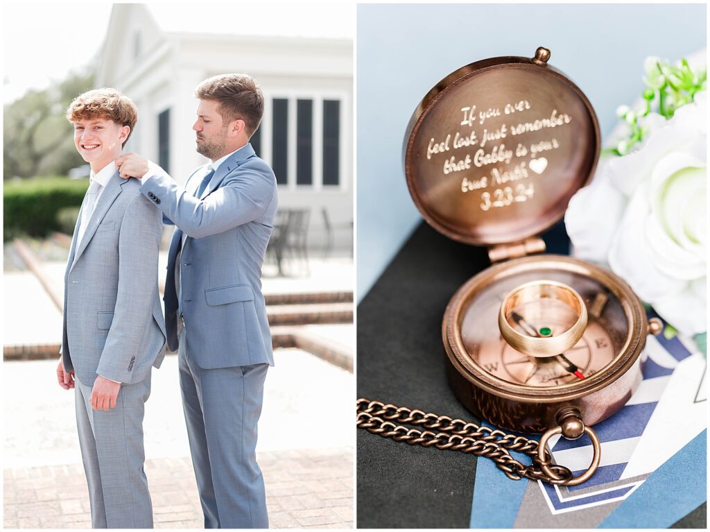 groom and brother on wedding day with gift