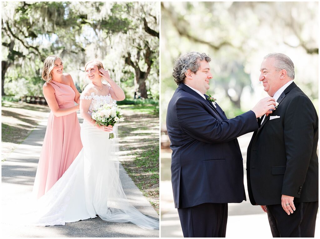 groom and father on wedding day under live oaks - brookgreen gardens