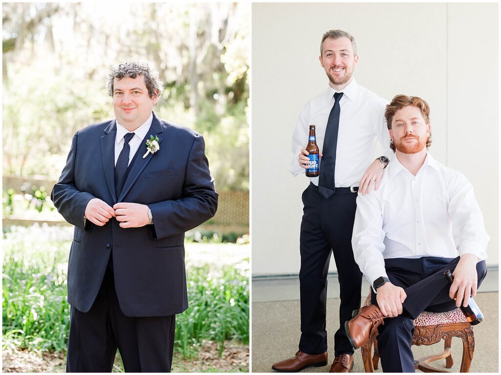 Groom and groomsmen getting ready for wedding at brookgreen gardens. 