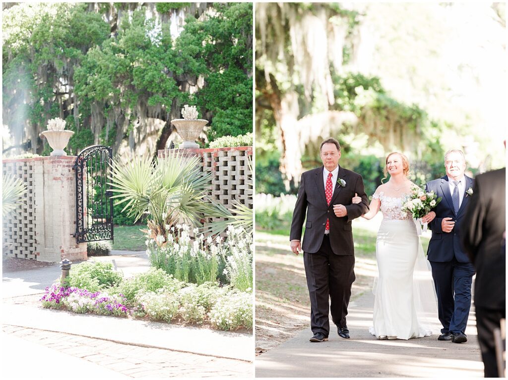 Bride walking down oak alley with both her dads - brookgreen gardens wedding