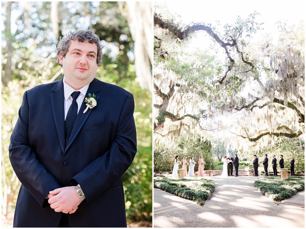 groom sees bride for the first time walking down the live oak alley 