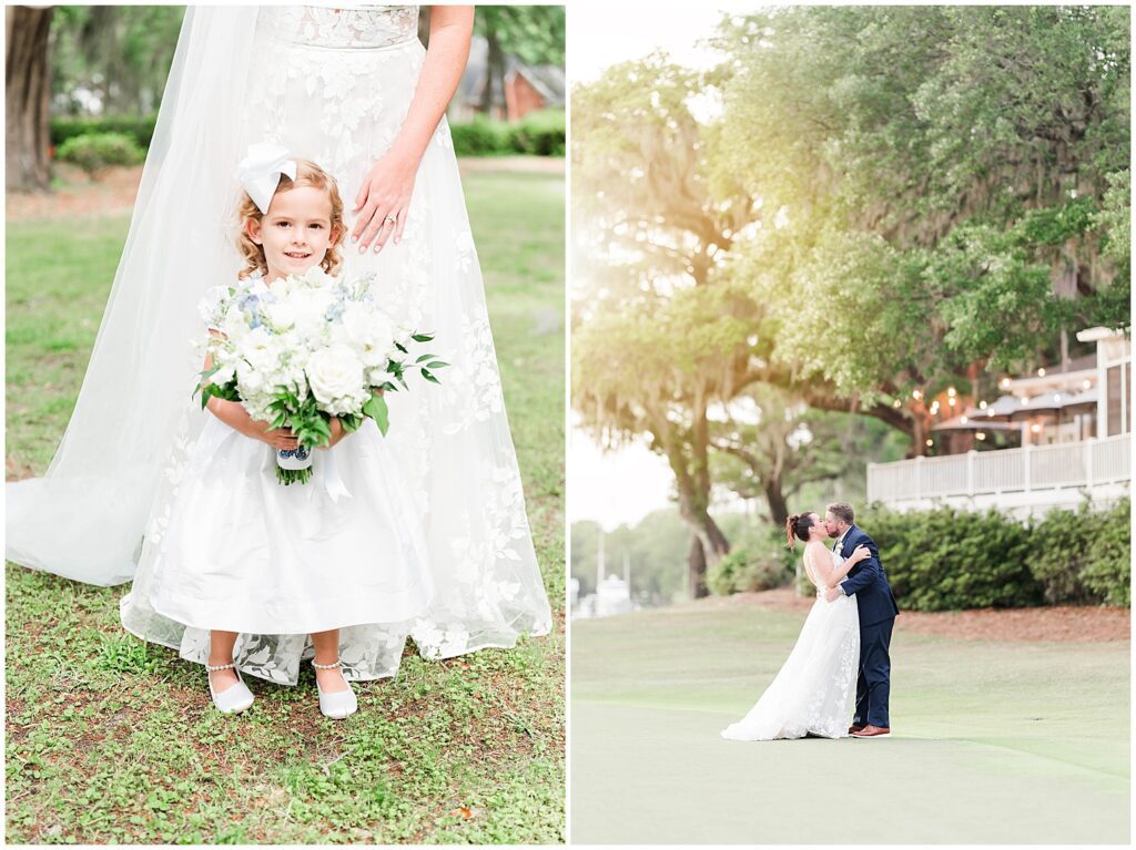 Cute flower girl holding bride bouquet for photos. 
