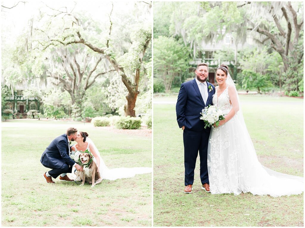 Dog posing with bride and groom for wedding photos. 