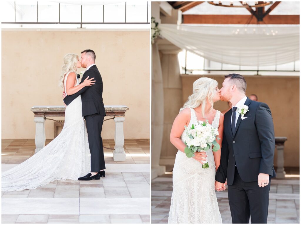 Final kiss in courtyard wedding