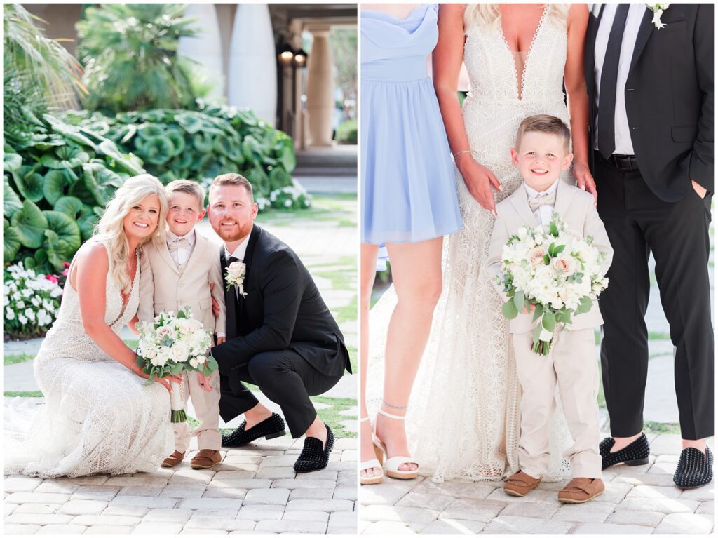 Cute little boy holding brides flowers on wedding day.