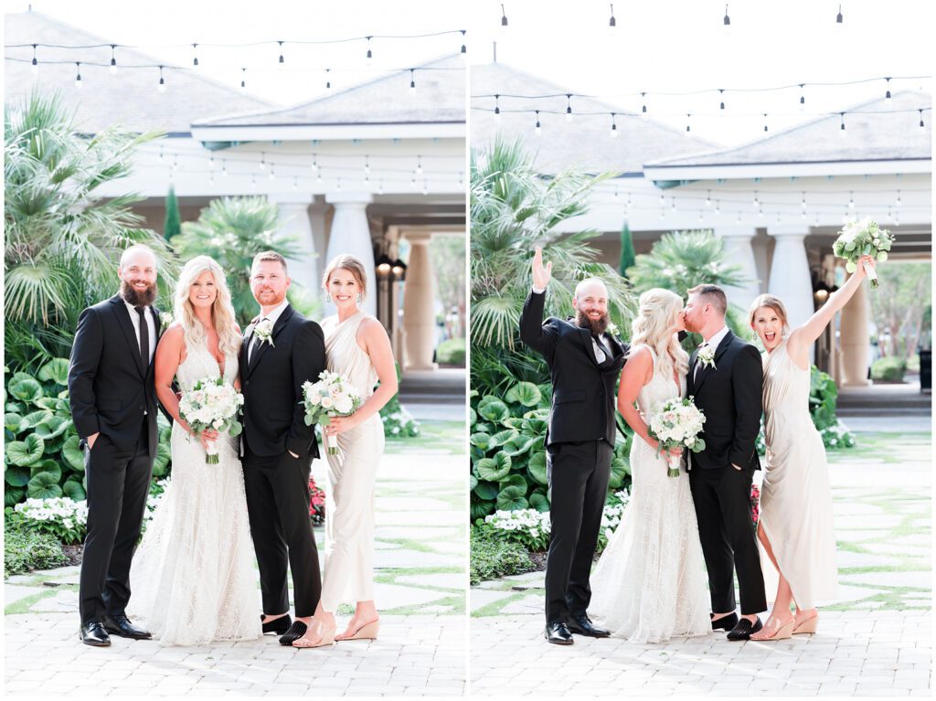 Summer Wedding at 21 Main Events bridal party posing in court yard.