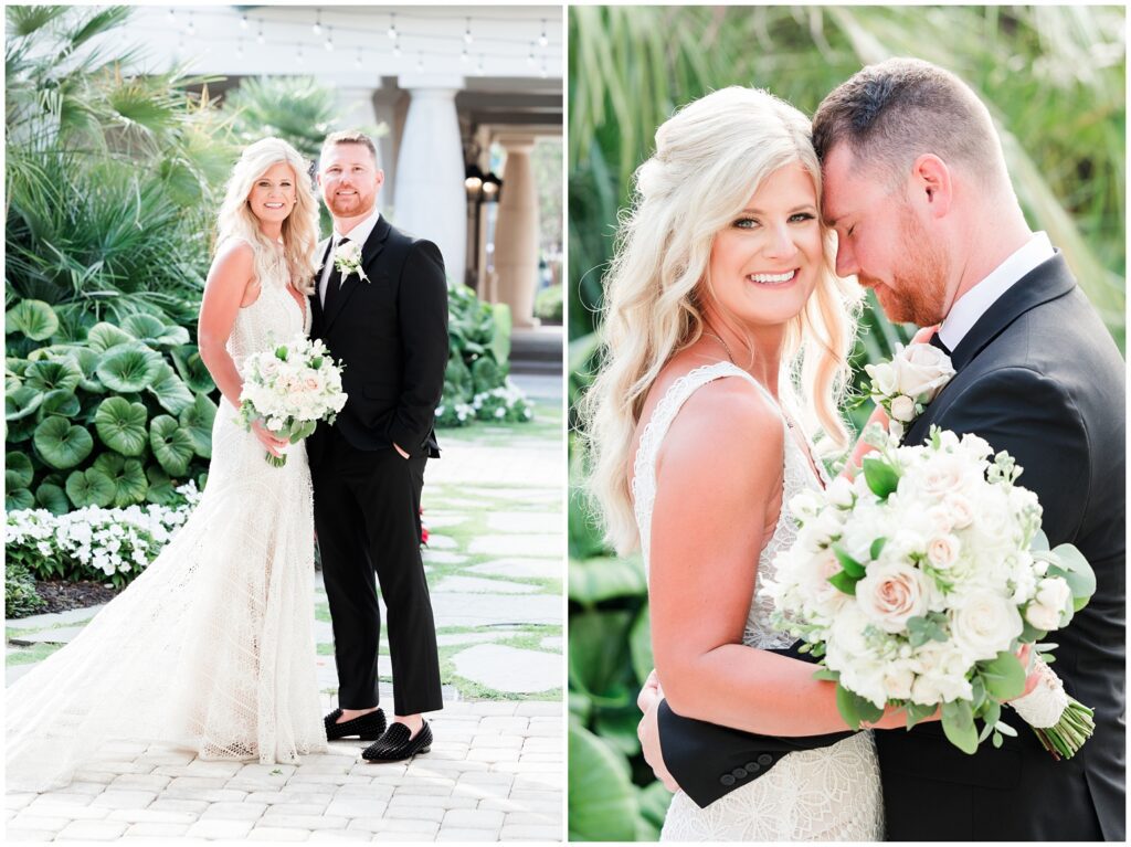 cute couple posing after ceremony on wedding day