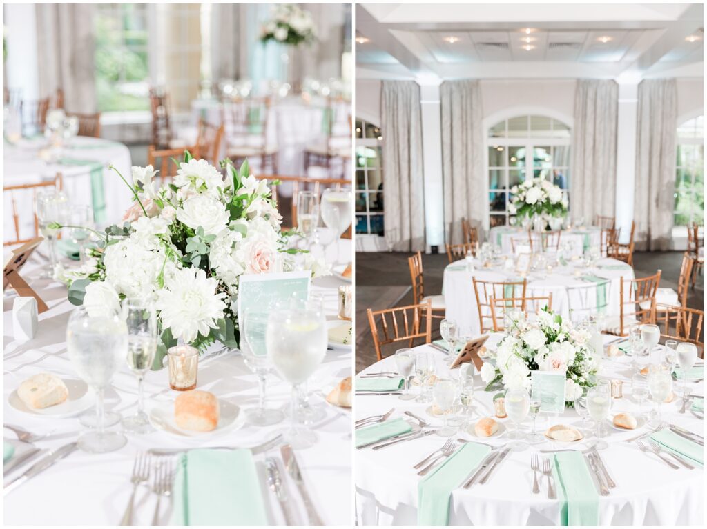 green and white center pieces by D G Senter Designs for wedding day at 21 main Events  