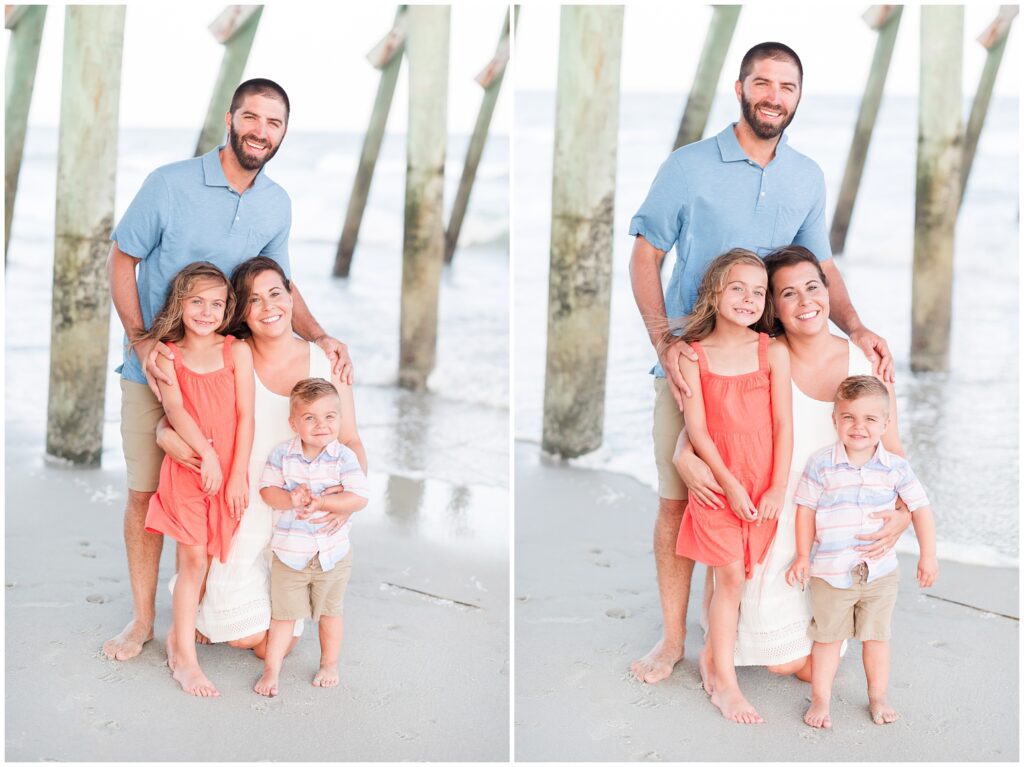 Family of four on the beach at the myrtle beach state park posing for photos 