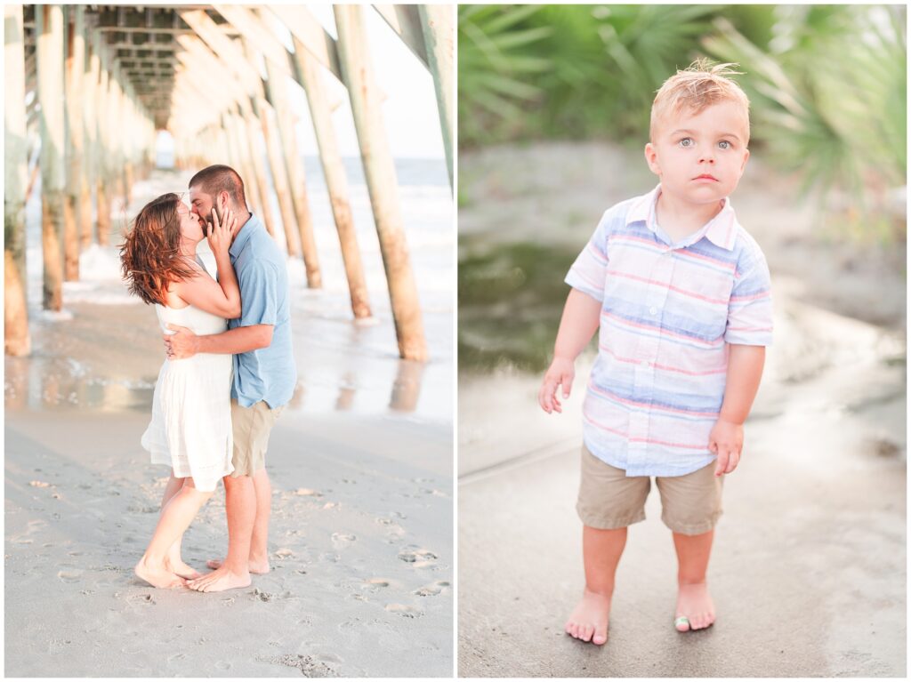 Kissing under the pier for family photos on the beach in the wind. 