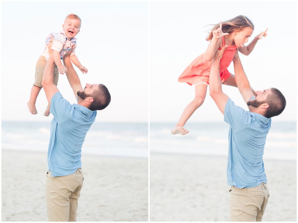 dad throwing kids in the air for photos at the beach