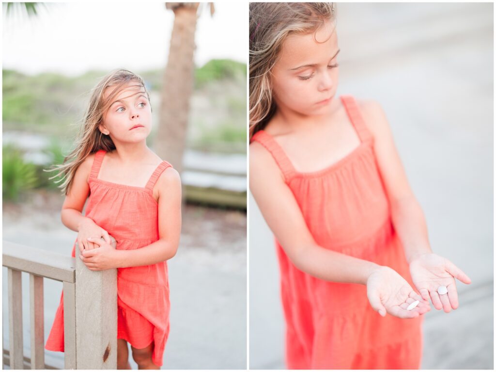 little girl with shells at the beach for photos 