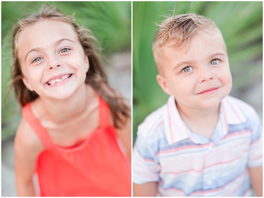 closeup of two cute kids on the beach in the wind