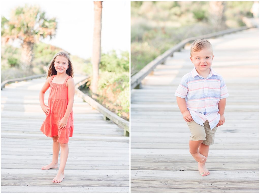 Kids posing on the boardwalk in myrtle beach for family photos.