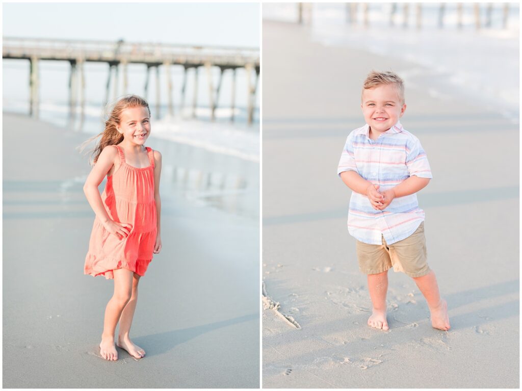 siblings posing for photos during the wind on the beach