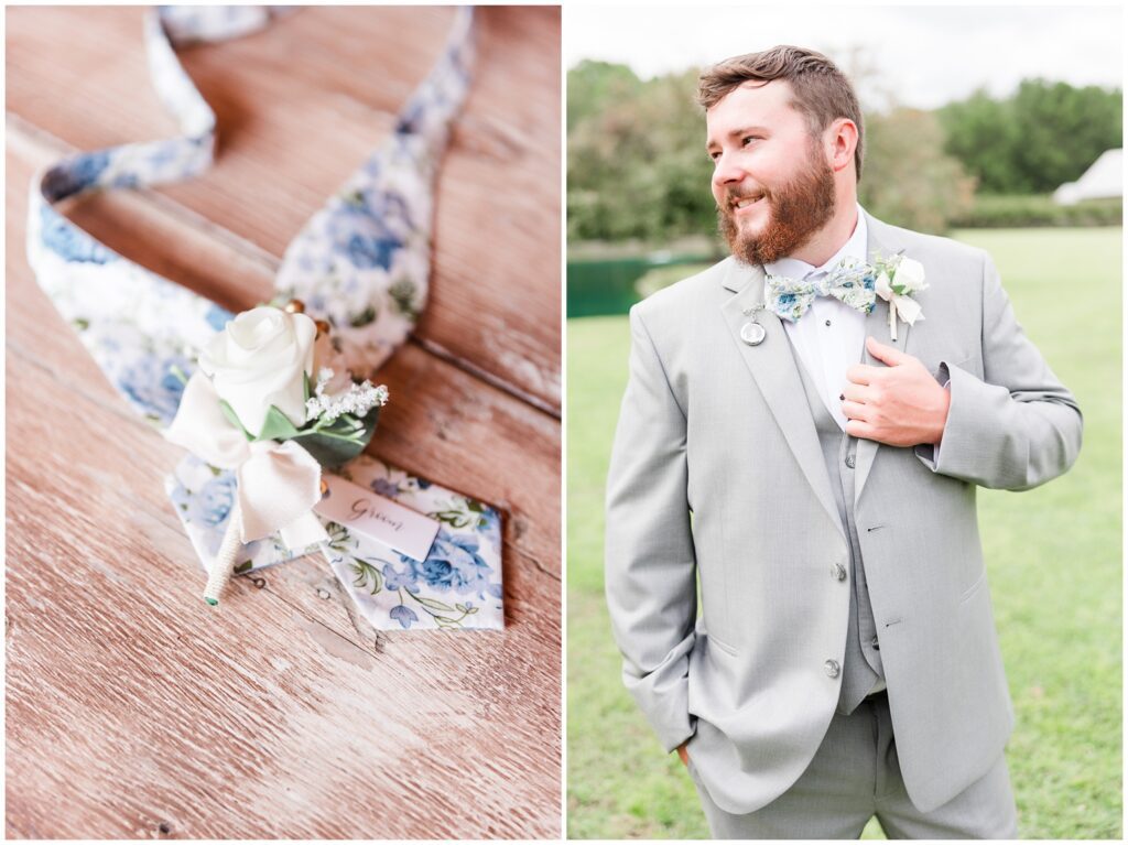 Groom getting ready on wedding day, Hidden Acres, Marion South Carolina Weddings. 