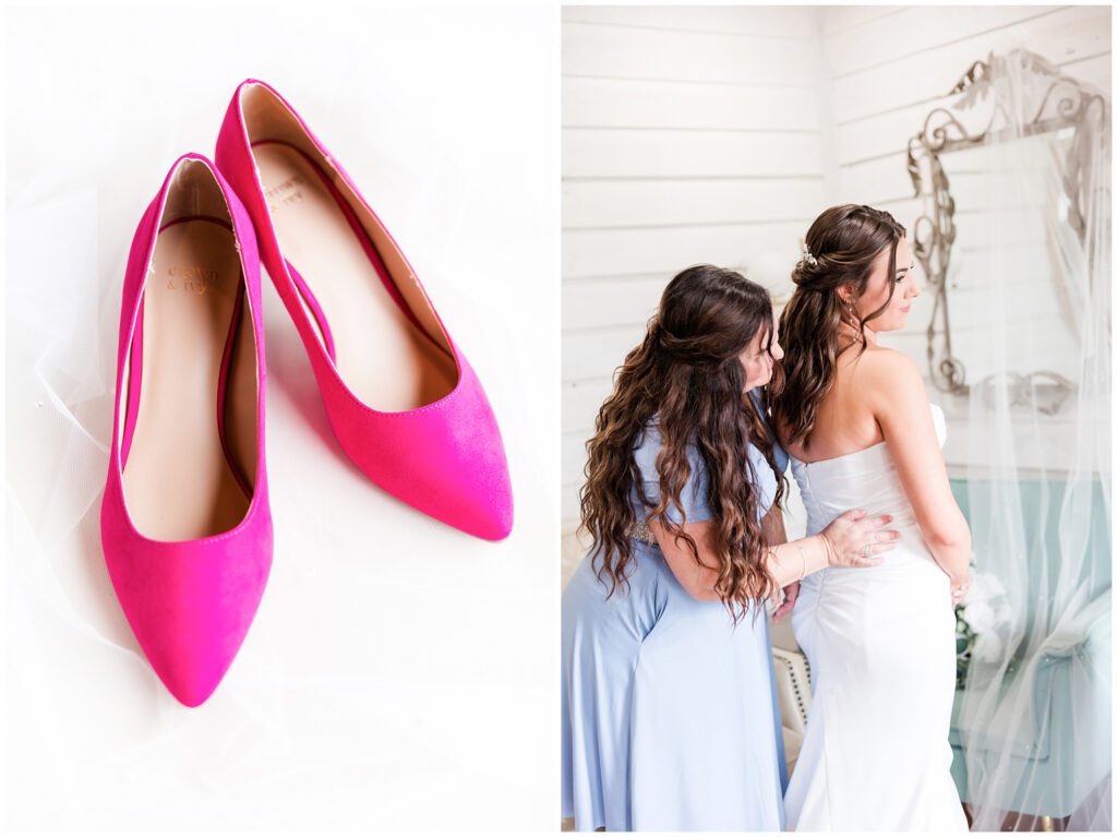 mom helping daughter getting ready for her beautiful hidden acres wedding. 