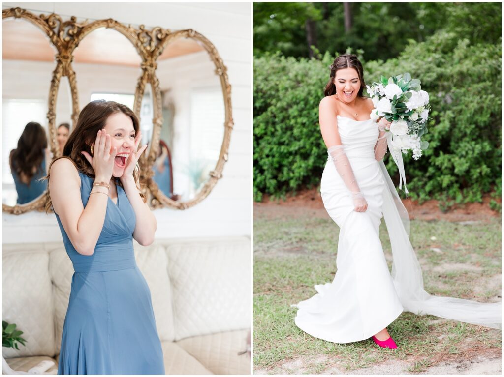 cute bride with pink shoes on wedding day. 