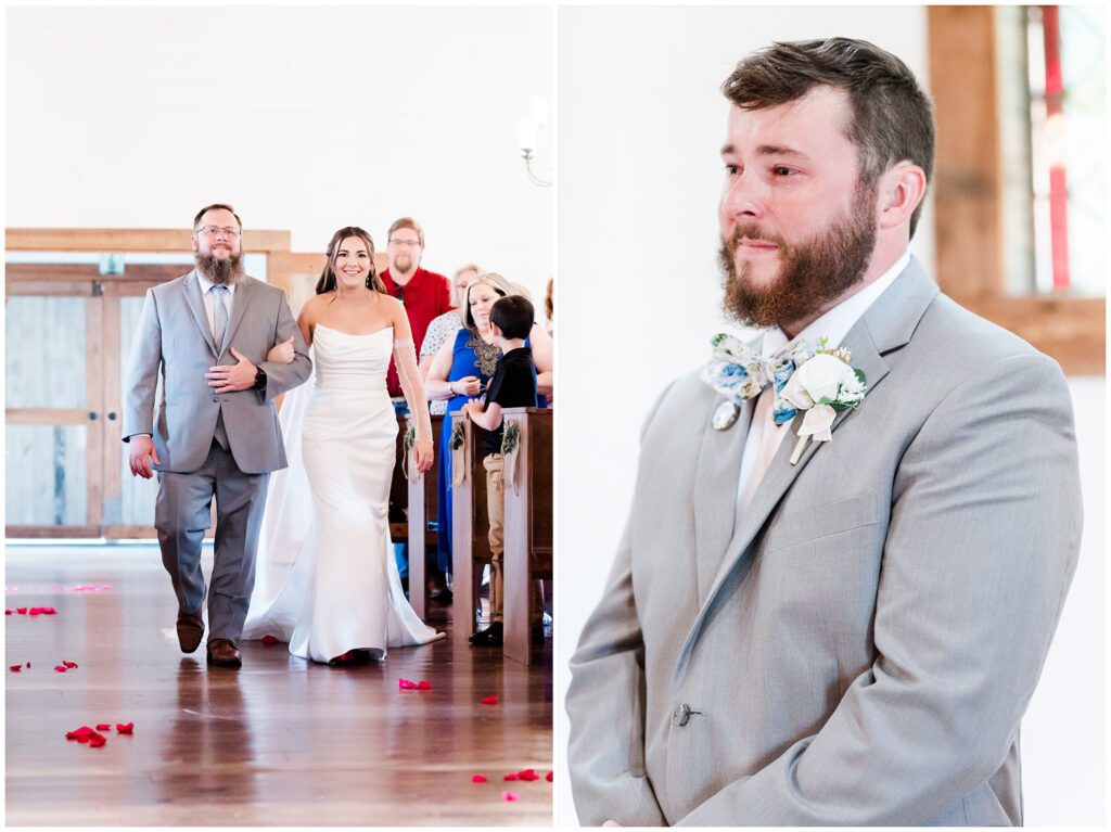 Groom crying when he sees the bride for the time in church. 