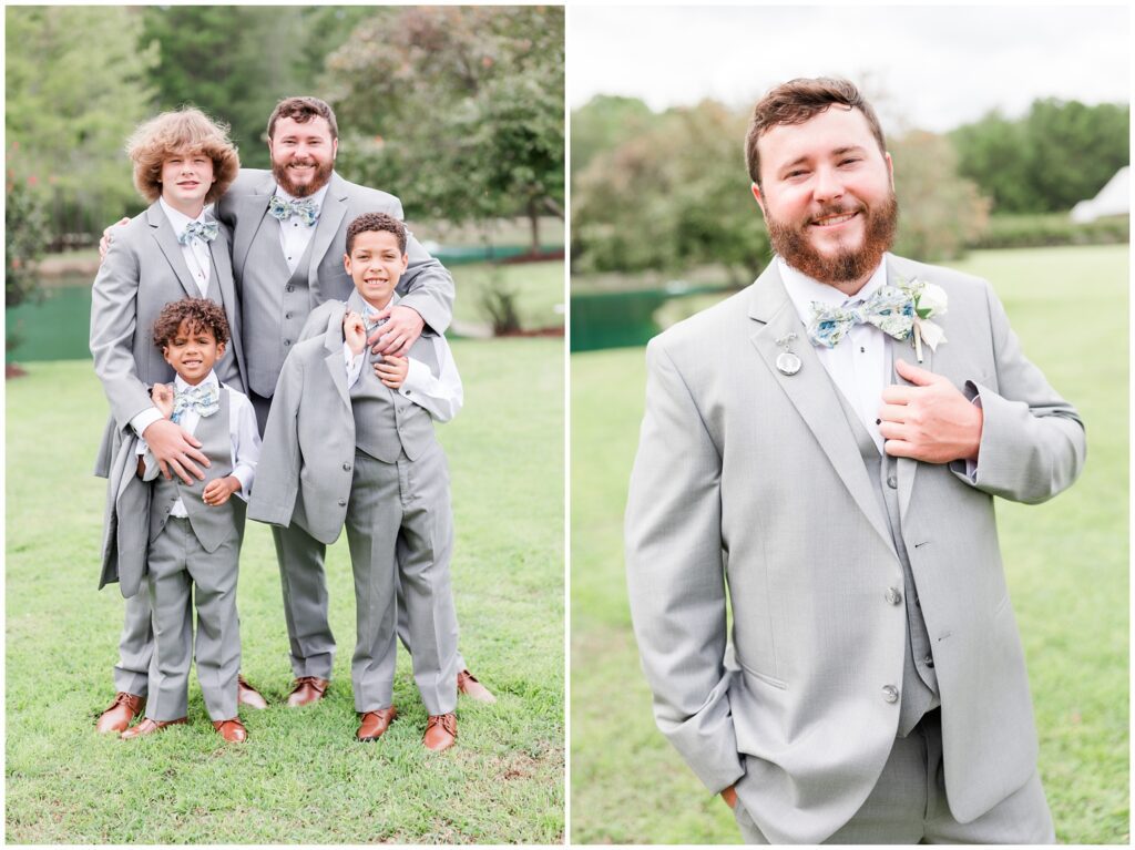 Grooms and groomsmen posing for photos on wedding day. 