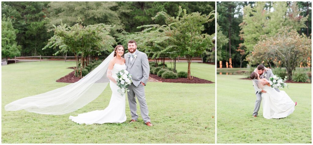 Groom dipping bride for photos. 