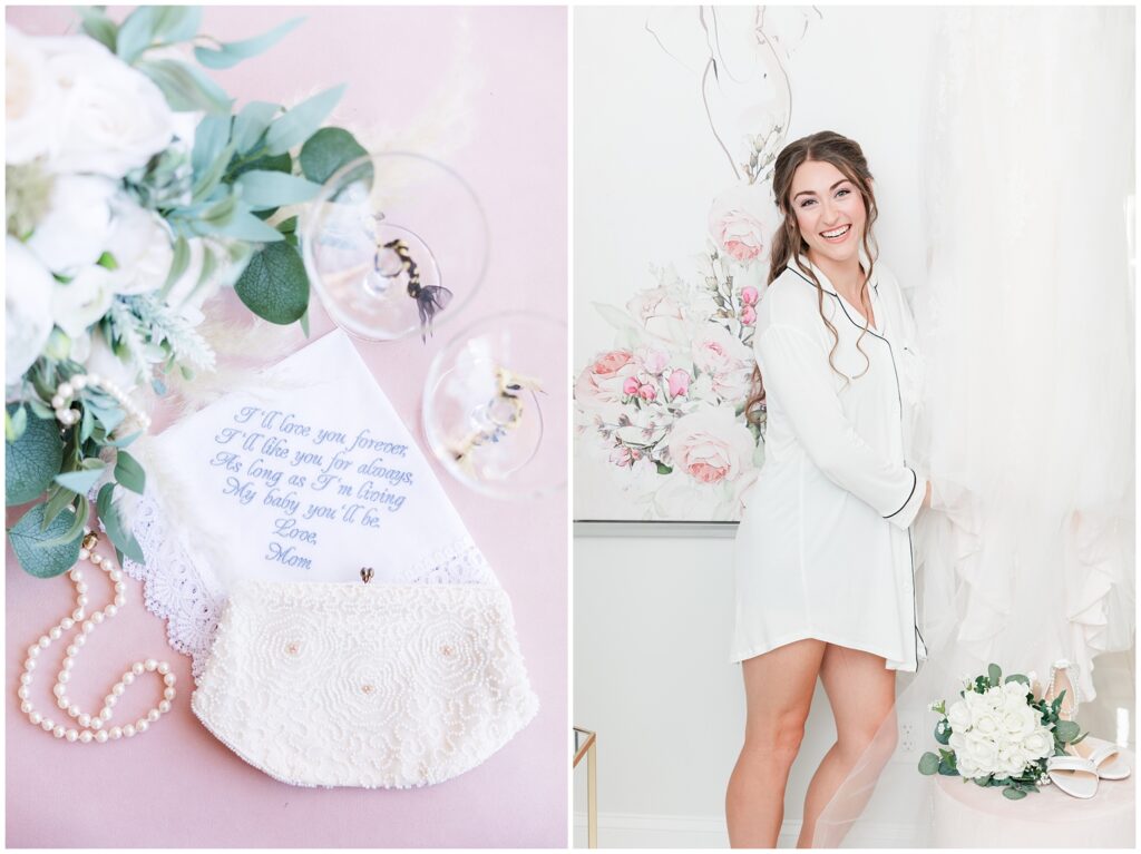 Bride gets ready on her wedding day in bridal suite 