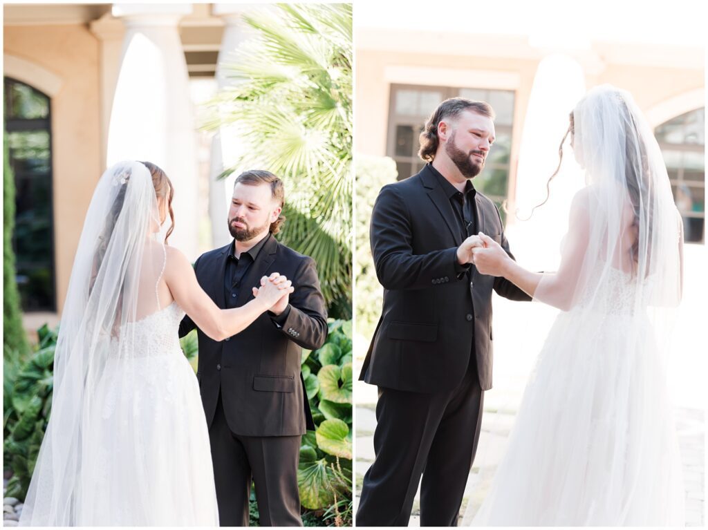 First look in courtyard with bride and groom