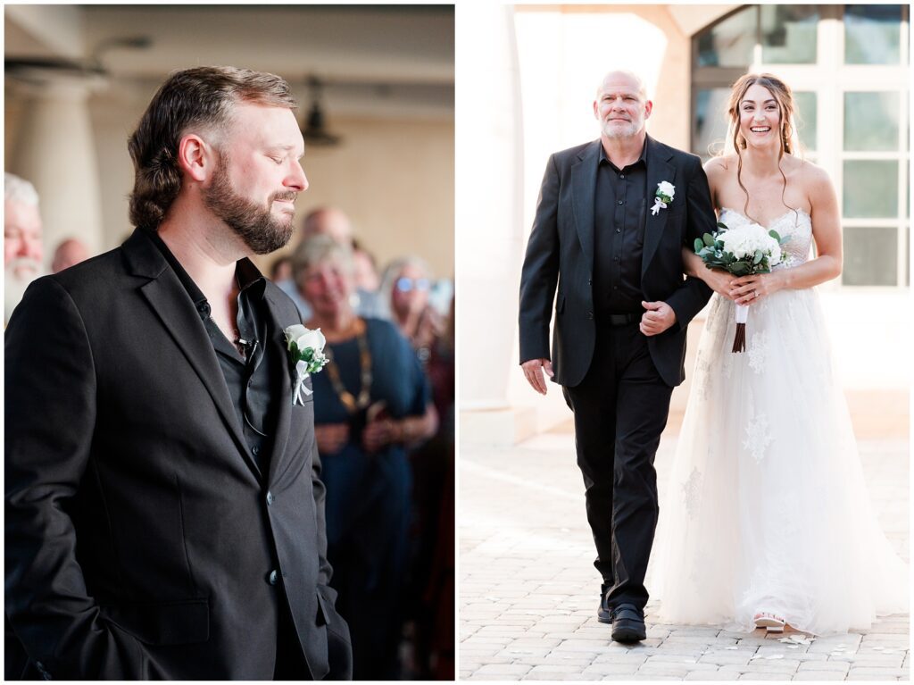 groom crying as bride walks down the aisle for the first time 