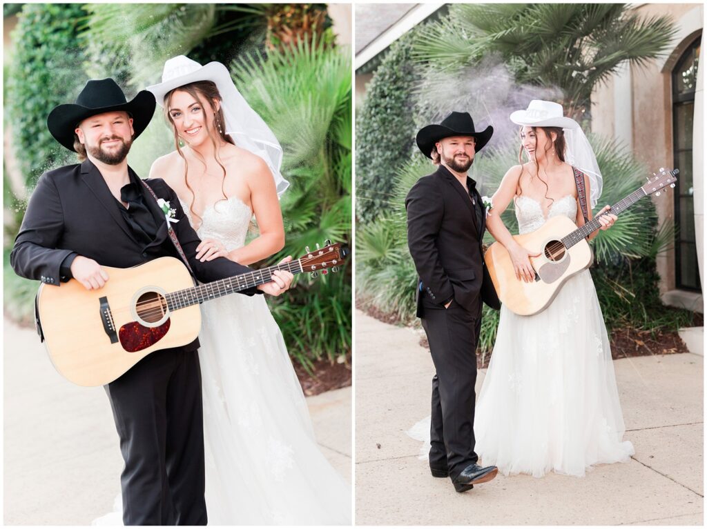 Country singer trey Callaway and bride posing with Guitar on wedding day 