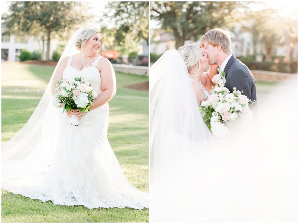 Bride and Groom kissing with golden light 