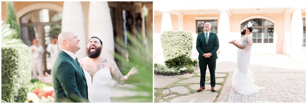 Funny First look with groom and best friend on wedding day in courtyard 