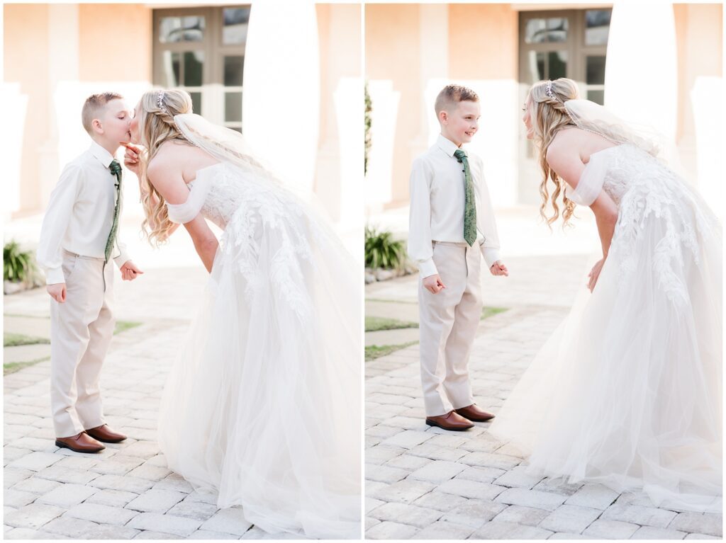 mom and son first look on wedding day in courtyard at 21 main events 