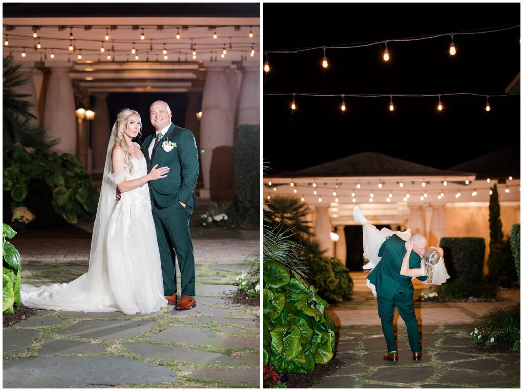 Kissing under twinkle lights on wedding day 