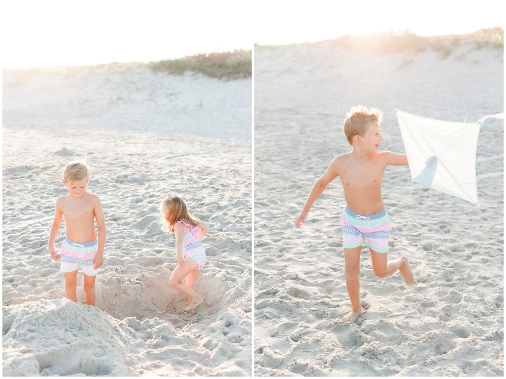 boy and girls having fun for beach photos in Myrtle Beach with a kite. 