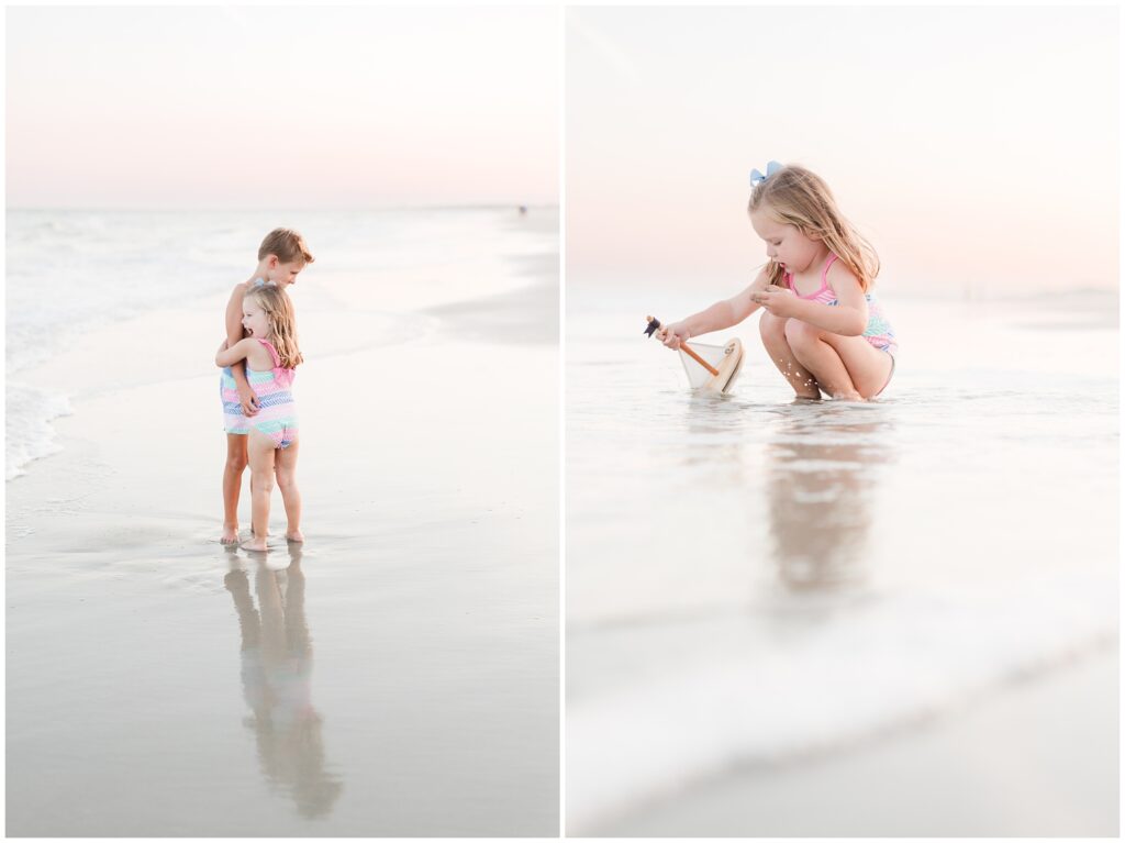 brother sister playing in the warm water for myrtle beach family photos 