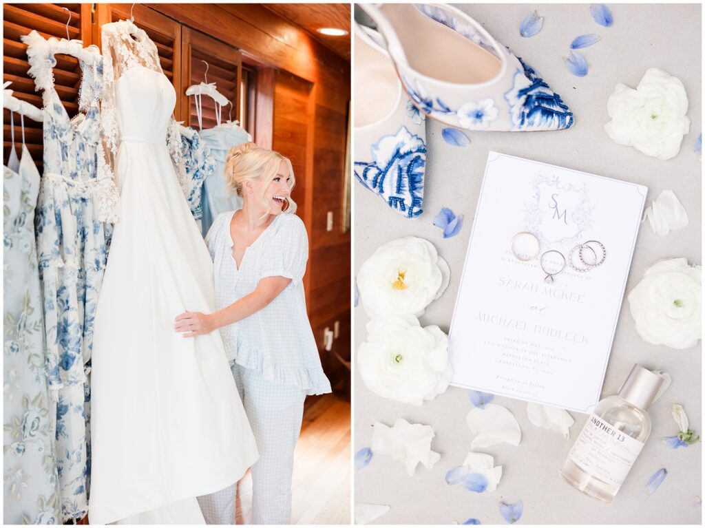 Flat lay of bridal details with soft blue accents and elegant jewelry at Middleton Place wedding in Charleston SC
