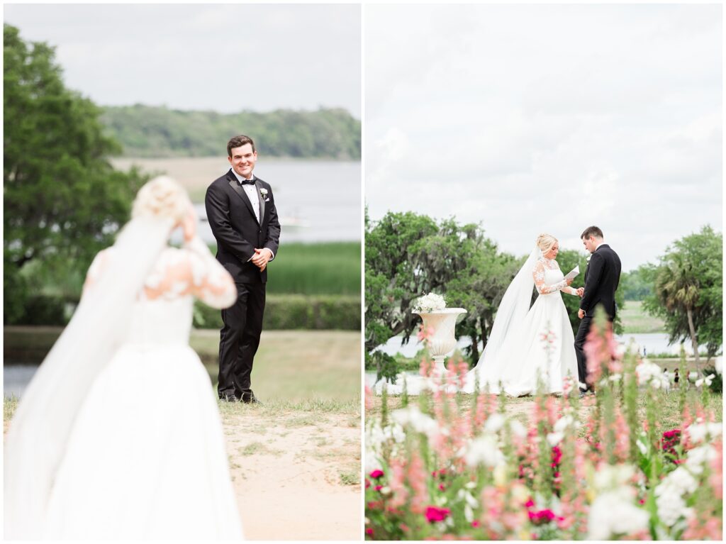Bride and groom sharing emotional first look by the Butterfly Lakes at Middleton Place Charleston