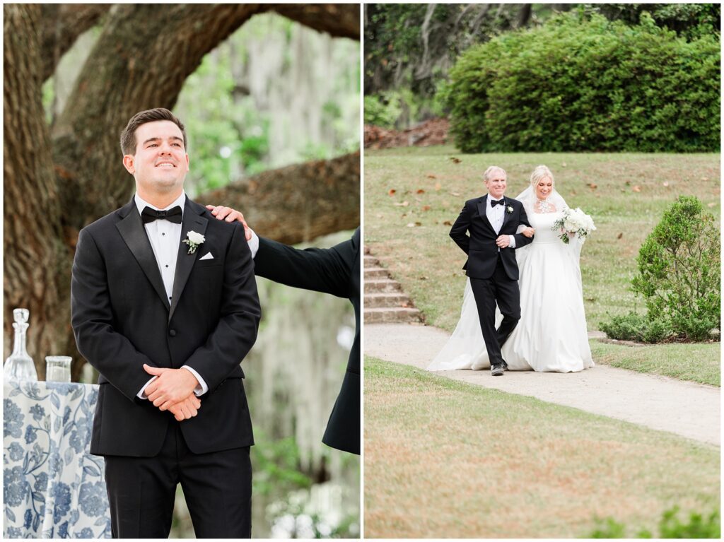 Bride and groom during their romantic garden ceremony at Middleton Place wedding in Charleston