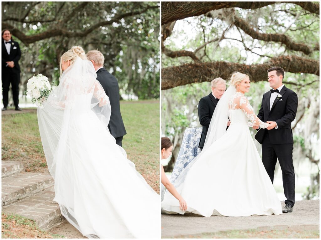Bride and groom during their romantic garden ceremony at Middleton Place wedding in Charleston