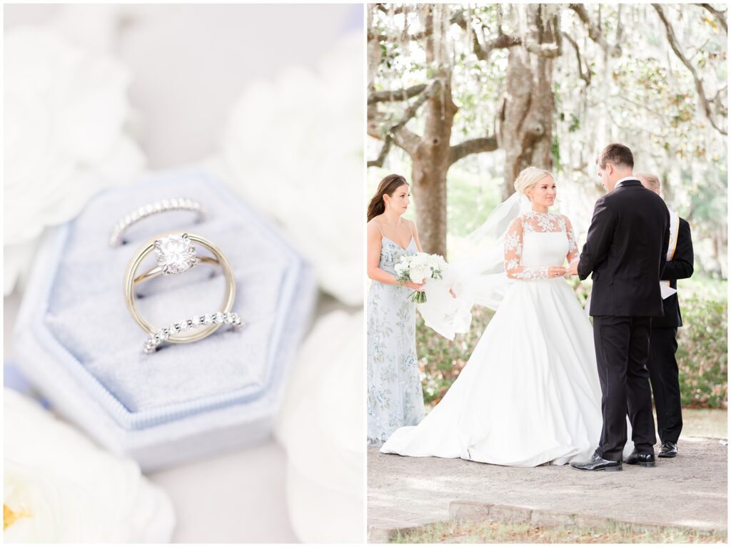 Elegant garden ceremony setup with white chairs and pastel florals at Middleton Place Charleston