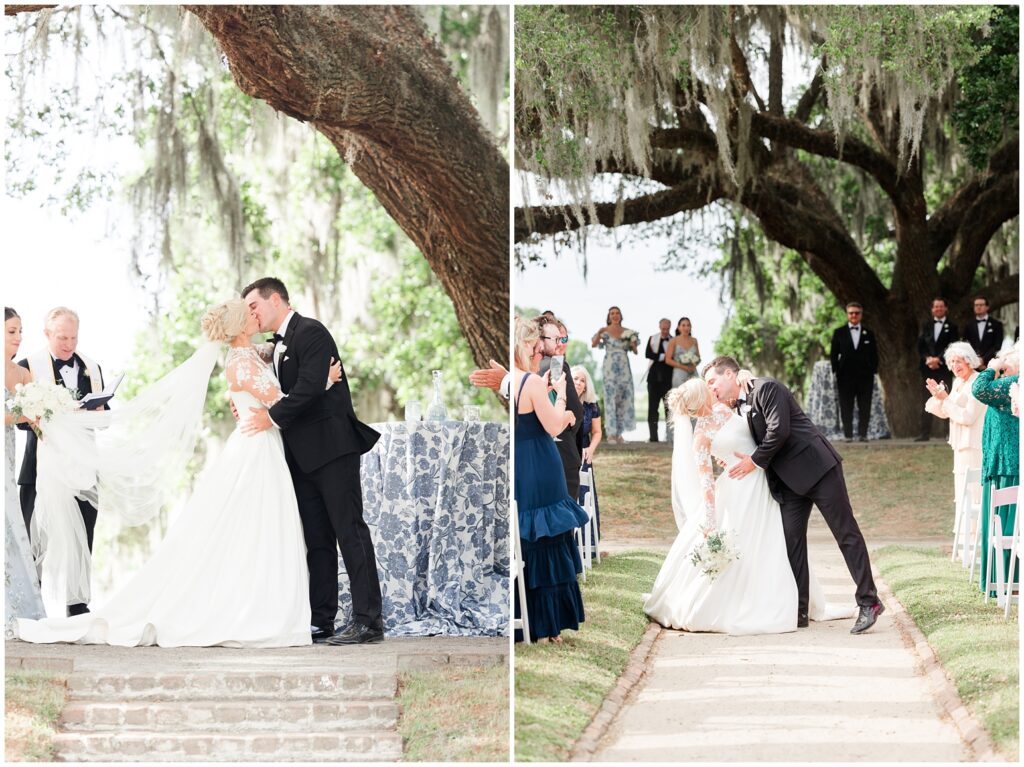 Elegant garden ceremony setup with white chairs and pastel florals at Middleton Place Charleston