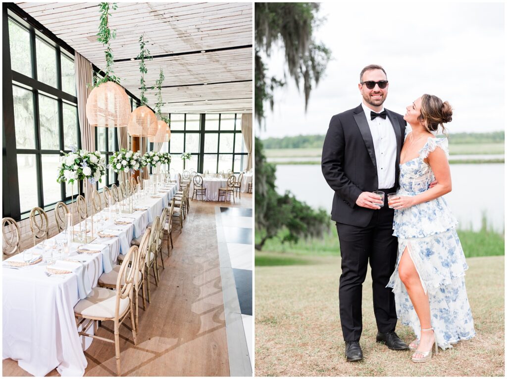 Bride having fun on the dance floor in reception outfit at Middleton Place wedding