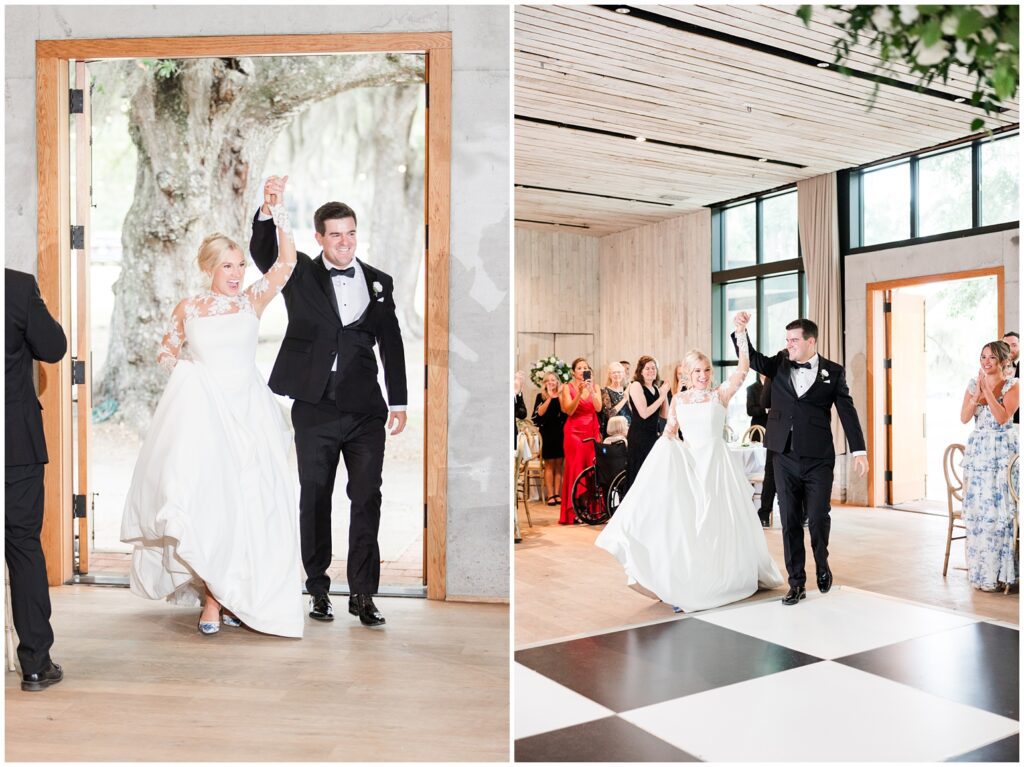 Bride having fun on the dance floor in reception outfit at Middleton Place wedding