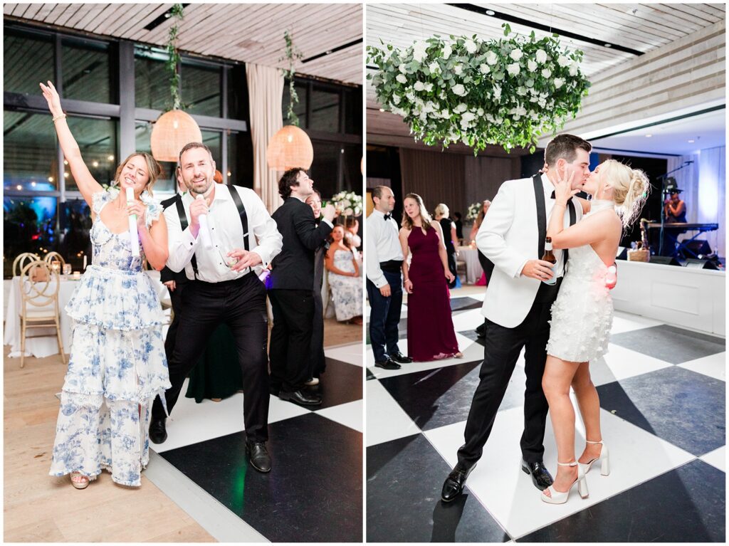 Bride and groom changing into chic second outfits during reception at Middleton Place wedding

