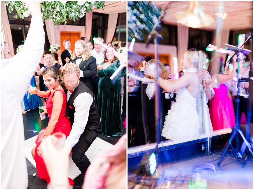 Bride and groom sharing their first dance under string lights at Middleton Place wedding in Charleston SC
