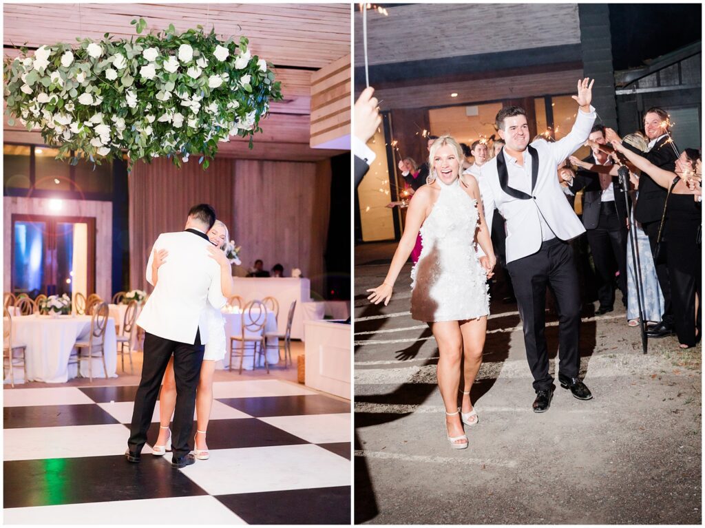 Bride having fun on the dance floor in reception outfit at Middleton Place wedding