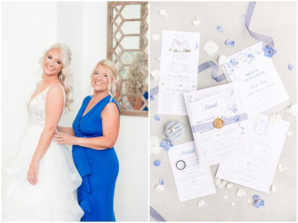 Bridesmaids buttoning up the back of bride’s dress
wedding day details